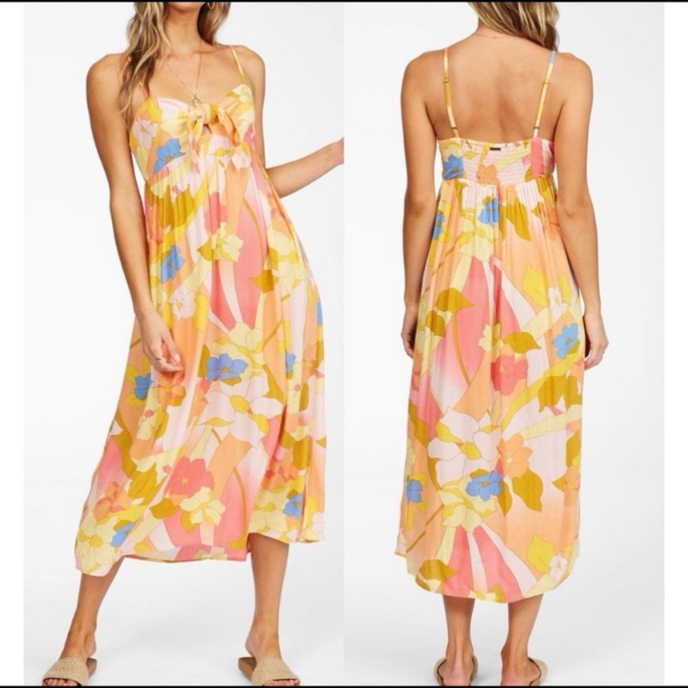 NWOT Billabong Twist It Tie Front Floral MIDI Dress Pink Orange Medium M 8 10